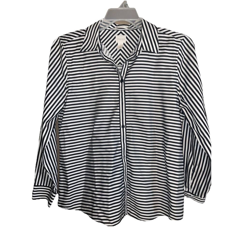 Women’s Chico’s No Iron Button Down Striped Blouse Sz M